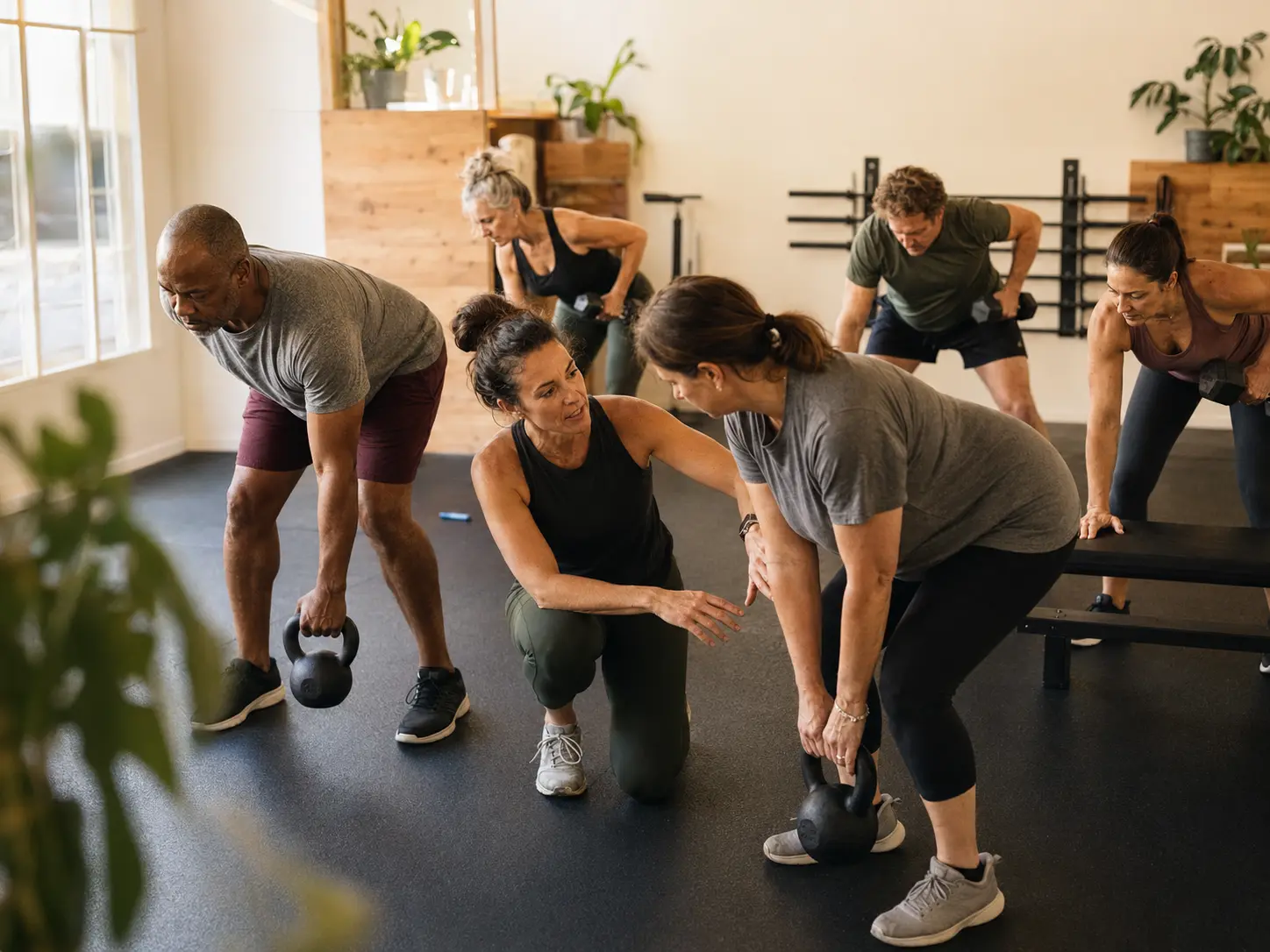 A small group fitness class with a coach leading members through a kettlebell workout
