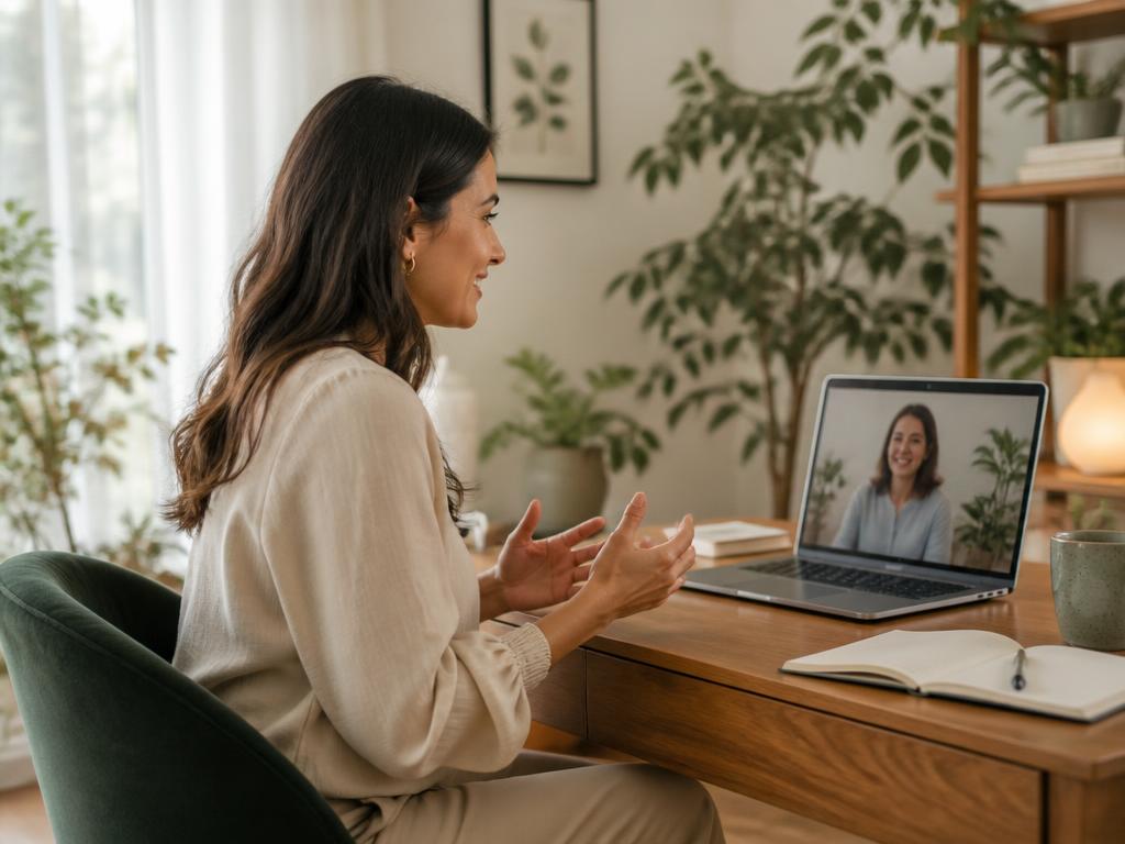 A provider on a telehealth call in a botanical-filled office