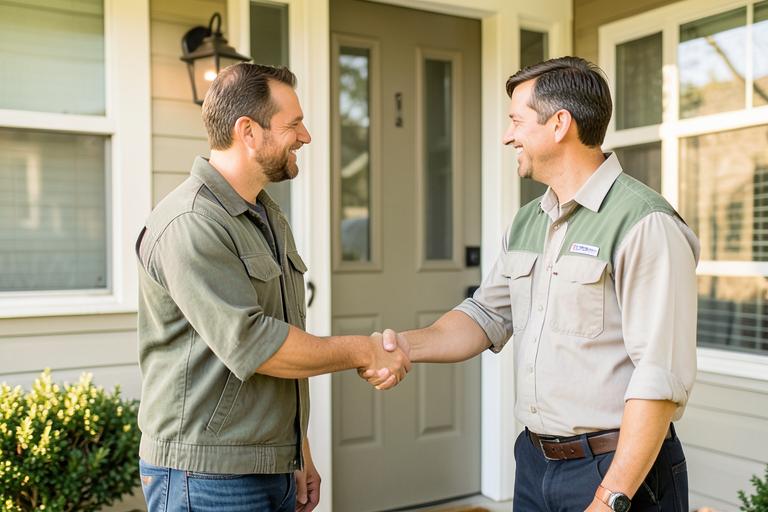 A contractor greeting a homeowner at the front door
