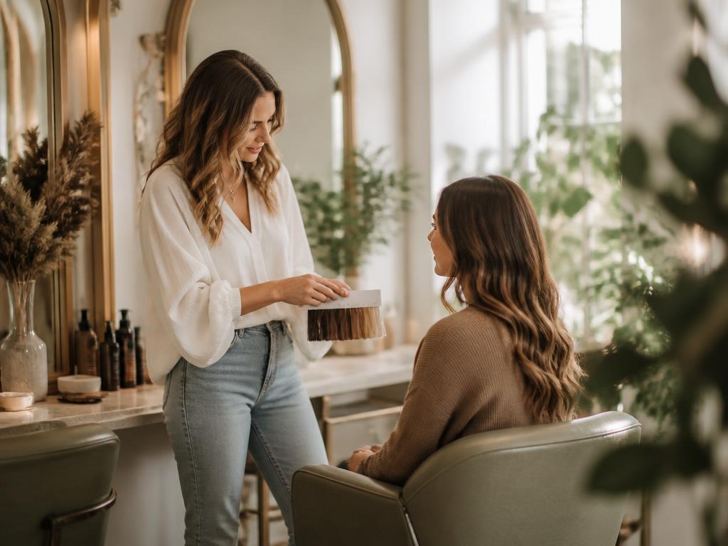 A stylist consulting with a client in a sunlit boutique salon